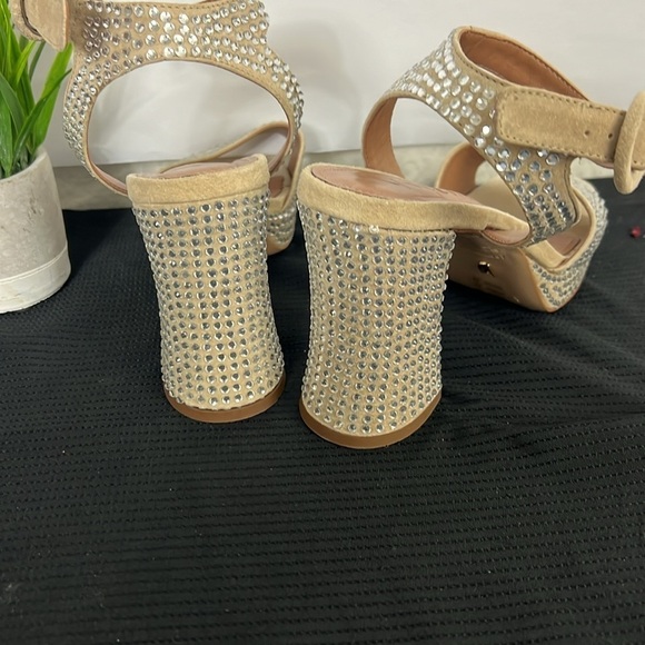 Anthropologie Vicenza Beige Platform Sparkly Ankle Straps High Heels - 4.5” - Picture 7 of 8